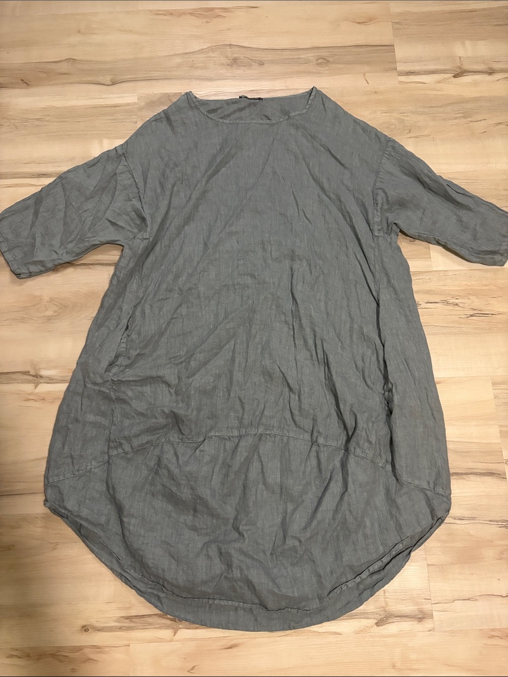 John P. Greece 100% Linen Cocoon Dress Gray Green High-Low With Pockets